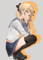 Rule 34 | 1girl, bitterpain, black footwear, black ribbon, black thighhighs, blonde hair, blue sailor collar, blue skirt, blunt bangs, blush, closed mouth, full body, green eyes, grey background, hand on own cheek, hand on own face, highres, loafers, long hair, long sleeves, looking at viewer, miniskirt, orange background, ribbon, sailor collar, school uniform, serafuku, shirt, shoes, skirt, solo, squatting, thighhighs, thighs, twintails, two-tone background, white shirt