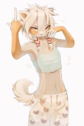 Rule 34 | 1girl, 27kchu, animal ears, body fur, brown fur, clothes writing, commentary, crop top, drawstring, english commentary, english text, fangs, flat chest, furry, furry female, hair between eyes, highres, medium hair, middle finger, midriff, navel, original, short hair, shorts, sidelocks, simple background, solo, spaghetti strap, star (symbol), tail, tank top, tongue, tongue out, white background, white hair, white shorts, yellow eyes