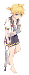 Rule 34 | 1boy, absurdres, arm sling, bandage on face, bandages, barefoot, bass clef, black sailor collar, black shorts, blonde hair, blood, bloody bandages, blue eyes, cast, commentary, crutch, full body, head down, highres, hmniao, holding crutch, injury, kagamine len, leg cast, male focus, musical note, musical note print, nail polish, sailor collar, shirt, short ponytail, short sleeves, shorts, simple background, solo, spiked hair, standing, standing on one leg, toenail polish, toenails, vocaloid, white background, white shirt, yellow nails