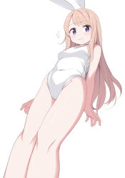 Rule 34 | 1girl, animal ears, bare arms, bare legs, bare shoulders, blonde hair, blush, breasts, covered navel, flying sweatdrops, from below, groin, highres, long hair, looking at viewer, one-piece swimsuit, original, purple hair, rabbit ears, saiste, simple background, small breasts, solo, swimsuit, white background, white one-piece swimsuit