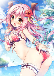 Rule 34 | 1girl, ahoge, ass, beach, bikini, bikini top only, blush, bracelet, breasts, bridal garter, brown ribbon, cleavage, covered erect nipples, day, flower, frilled bikini, frilled bikini top, frills, front-tie bikini top, front-tie top, hair between eyes, hair flower, hair ornament, hair ribbon, hairclip, hibiscus, jewelry, long hair, looking at viewer, mauve, medium breasts, ocean, open mouth, original, outdoors, pink hair, polka dot, polka dot bikini, red bikini, ribbon, side-tie bikini bottom, single wrist cuff, solo, swimsuit, tears, twintails, two side up, untied bikini, wardrobe malfunction, wrist cuffs, x hair ornament, yellow eyes