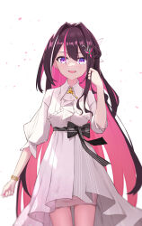 Rule 34 | 1girl, absurdres, azki (hololive), black hair, collared dress, colored inner hair, dress, facing viewer, falling petals, hair between eyes, hair intakes, highres, hololive, long sleeves, looking at viewer, multicolored hair, oeyama, open mouth, petals, pink hair, purple eyes, smile, solo, standing, virtual youtuber, white background, white dress, white hair