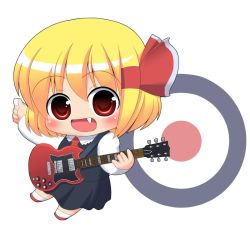 Rule 34 | 1girl, bad id, bad pixiv id, blonde hair, blush, chibi, electric guitar, embodiment of scarlet devil, fang, female focus, full body, gibson sg, guitar, instrument, kyokutou hentai samurai, red eyes, rumia, shoes, socks, solo, standing, touhou, white background