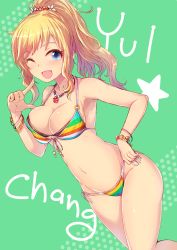 Rule 34 | 10s, 1girl, ;d, bikini, blonde hair, blue eyes, bracelet, breasts, character name, cleavage, dutch angle, groin, halterneck, hand on own hip, high ponytail, idolmaster, idolmaster cinderella girls, idolmaster cinderella girls starlight stage, jewelry, kara (color), layered bikini, multicolored bikini, multicolored clothes, multicolored stripes, navel, o-ring, o-ring top, ohtsuki yui, one eye closed, open mouth, ponytail, side-tie bikini bottom, smile, solo, string bikini, striped bikini, striped clothes, swimsuit