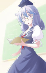 Rule 34 | 1girl, bad id, bad pixiv id, bespectacled, blue hair, book, breasts, chalkboard, cleavage, cowboy shot, dress, glasses, hat, kamishirasawa keine, long hair, medium breasts, midorino eni, open book, open mouth, purple eyes, reading, solo, teacher, touhou, triangle mouth