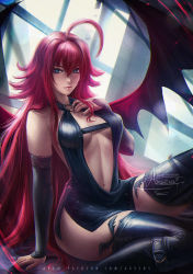 Rule 34 | 1girl, axsen, blue eyes, breasts, cleavage, dress, high school dxd, large breasts, long hair, looking at viewer, nail polish, red hair, rias gremory, solo, thighhighs, very long hair, watermark, wings