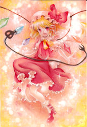 Rule 34 | 1girl, blonde hair, embodiment of scarlet devil, female focus, flandre scarlet, frills, hat, laevatein, mary janes, mob cap, mosho, shoes, short hair, signature, solo, touhou, traditional media, white hat, wings