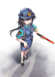 Rule 34 | 1girl, armband, baton, black hair, from above, hair ribbon, hat, highres, kanbe ami, long hair, nanaroku (fortress76), official art, orange eyes, pencil skirt, police, police hat, police uniform, policewoman, ponytail, public service announcement, ribbon, shirt, shoes, skirt, solo, standing, tight shirt, traffic baton, traffic officer, type6, uniform, vest, yellow eyes