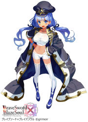 Rule 34 | &gt;:d, 1girl, :d, bead bracelet, beads, black ribbon, blue eyes, blue footwear, blue hair, blush, boots, bracelet, brave sword x blaze soul, breasts, chain, copyright name, crop top, gaou (umaiyo puyoman), hair ribbon, halterneck, hands on own hips, hat, highres, jewelry, large breasts, long coat, long hair, matching hair/eyes, midriff, military, military hat, military uniform, navel, official art, open mouth, ribbon, shirt, short shorts, shorts, shorts tan, simple background, smile, solo, standing, tan, tanline, taut clothes, taut shirt, thighhighs, twintails, uniform, v-shaped eyebrows, watermark, white background, white thighhighs