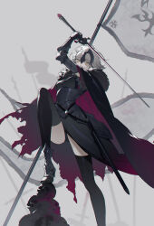 Rule 34 | 1girl, ahoge, armor, armored dress, banner, black cape, black dress, black thighhighs, breasts, cape, dress, fate/grand order, fate (series), faulds, flag, fur-trimmed cape, fur trim, gauntlets, headpiece, highres, holding, holding flag, jeanne d&#039;arc alter (avenger) (fate), jeanne d&#039;arc alter (avenger) (first ascension) (fate), jeanne d&#039;arc alter (fate), large breasts, looking at viewer, nakamura (wmfp3834), plackart, short hair, smile, solo, standard bearer, sword, thighhighs, torn cape, torn clothes, weapon, white flag, white hair, yellow eyes