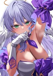 Rule 34 | 1girl, absurdres, arm up, armpits, artist name, blue hair, breasts, cleavage, commentary, covering own mouth, dress, earrings, gloves, green eyes, halo, head wings, highres, honkai: star rail, honkai (series), jewel under eye, jewelry, large breasts, long hair, looking at viewer, rirua (kjom802), robin (honkai: star rail), simple background, solo, steaming body, strapless, strapless dress, upper body, white background, white dress, white gloves, white wings, wings
