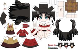 Rule 34 | 1girl, absurdres, aqua eyes, artist name, black hair, blush, breasts, character name, chibi, el joey, fate/stay night, fate (series), highres, long hair, long sleeves, navel, paper cutout, papercraft, red shirt, shirt, smile, solo, tohsaka rin, twintails, two side up, watermark, web address