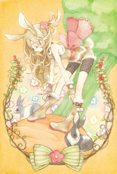 Rule 34 | 1girl, animal ears, bare shoulders, bent over, bike shorts, blonde hair, boots, bow, cako ashida, carrot, colorful, eating, flower, food, food in mouth, framed, gloves, hair flower, hair ornament, large bow, long legs, original, pale color, plant, rabbit, rabbit ears, rabbit tail, standing, tail