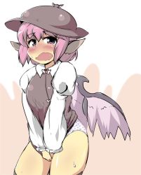 Rule 34 | 1girl, adapted costume, animal ears, bird ears, bird wings, blush, brown hat, brown shirt, brown thighhighs, clothes pull, dress, embarrassed, hat, long sleeves, looking at viewer, mepikari, microdress, mystia lorelei, nose blush, panties, polka dot, polka dot panties, puffy long sleeves, puffy sleeves, shirt, shirt pull, sleeveless, sleeveless shirt, solo, sweatdrop, tearing up, thick eyebrows, thighhighs, thighs, touhou, underwear, wavy mouth, white shirt, wings