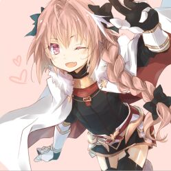 Rule 34 | 1boy, astolfo (fate), black bow, black gloves, black shirt, black skirt, black thighhighs, bow, braid, cape, cowboy shot, fate/grand order, fate (series), fur-trimmed cape, fur trim, garter straps, gloves, gold trim, hair bow, heart, kujimaru, light blush, long sleeves, looking at viewer, male focus, one eye closed, pink background, pink eyes, pink hair, red cape, rerebrace, shirt, short hair with long locks, simple background, skirt, solo, thighhighs, trap, two-sided cape, two-sided fabric, white cape