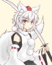 Rule 34 | 1girl, animal ears, detached sleeves, hat, hat ribbon, inubashiri momiji, isaki (gomi), long sleeves, looking at viewer, over shoulder, pink eyes, pom pom (clothes), ribbon, ribbon-trimmed sleeves, ribbon trim, shirt, silver hair, solo, sword, sword over shoulder, tail, tokin hat, touhou, weapon, weapon over shoulder, wide sleeves, wolf ears, wolf tail