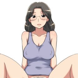 Rule 34 | 1girl, aaaa (quad-a), bad id, bad pixiv id, black hair, blush, bottomless, breasts, covered erect nipples, female pubic hair, glasses, large breasts, long hair, looking at viewer, mature female, original, pubic hair, simple background, solo, white background