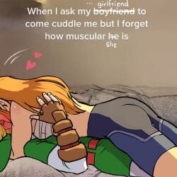 1boy 1girl ass bed belt blonde_hair chest_sarashi english_text gauntlets hat heart hetero kiss link long_hair lying nintendo on_back on_bed photo_background pink_okazel princess_zelda sarashi sheik the_legend_of_zelda the_legend_of_zelda:_ocarina_of_time