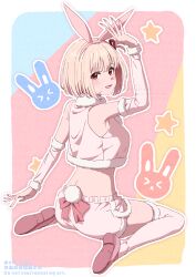 Rule 34 | 1girl, animal ears, aoi suzu, arm up, bare shoulders, blonde hair, blush, breasts, chinese zodiac, costume, crop top, fur trim, hair ribbon, highres, kneeling, large breasts, looking at viewer, looking back, lycoris recoil, nishikigi chisato, open mouth, rabbit tail, red eyes, ribbon, short hair, short shorts, shorts, smile, tail, thighhighs, year of the rabbit