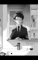 Rule 34 | 1boy, adjusting clothes, bathroom, blazer, cup, door, expressionless, faucet, formal, greyscale, highres, jacket, kazama souya, kzmsnmjkk, letterboxed, light switch, long sleeves, male focus, mirror, monochrome, necktie, reflection, reflection focus, short hair, sink, soap, solo, spiked hair, straight-on, suit, sunlight, toothpaste, towel, world trigger