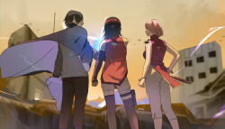Rule 34 | 1boy, 2girls, absurdres, amputee, ass, black hair, black thighhighs, boruto: naruto next generations, bracelet, breasts, building, cape, chinese commentary, commentary, contrapposto, family, father and daughter, from behind, green eyes, grey cape, haruno sakura, highres, husband and wife, jewelry, medium breasts, missing limb, mother and daughter, multiple girls, naruto (series), niku (ni23ku), pink hair, pouch, thighhighs, uchiha sarada, uchiha sasuke