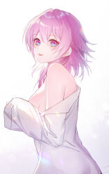 Rule 34 | 1girl, absurdres, bare shoulders, blue eyes, blush, breasts, chinese commentary, commentary request, highres, honkai: star rail, honkai (series), long sleeves, looking at viewer, march 7th (honkai: star rail), medium breasts, medium hair, off shoulder, pink eyes, pink hair, shirt, solo, tongue, tongue out, two-tone eyes, upper body, white shirt, zhuyin176
