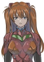 Rule 34 | 1girl, absurdres, blue eyes, bodysuit, breasts, brown hair, hair ornament, highres, interface headset, lips, long hair, looking at viewer, medium breasts, mota saru, neon genesis evangelion, pilot suit, plugsuit, red bodysuit, shiny clothes, simple background, solo, souryuu asuka langley, standing, tsundere, twintails, two side up, white background