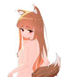 Rule 34 | 1girl, absurdres, animal ear fluff, animal ears, babywipes, backlighting, blunt bangs, breasts, commentary, commission, completely nude, english commentary, from behind, highres, holo, long hair, looking at viewer, looking back, nude, red eyes, simple background, small breasts, smile, solo, spice and wolf, standing, tail, upper body, white background, wolf ears, wolf tail