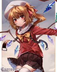 Rule 34 | absurdres, ahoge, alternate costume, black skirt, blonde hair, closed mouth, commentary request, crystal, flandre scarlet, gradient background, grey background, highres, long sleeves, medium hair, miniskirt, one side up, signature, skirt, thighhighs, top-exerou, touhou, white headwear, white thighhighs, wings