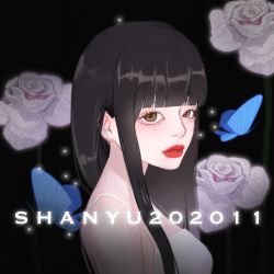 Rule 34 | 1girl, artist name, black background, black hair, blue butterfly, brown eyes, bug, butterfly, copyright request, dated, dress, flower, highres, icon (computing), bug, lipstick, looking at viewer, makeup, orb, pale skin, parted lips, red lips, rose, shanyu 6688, text focus, white dress