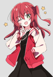 Rule 34 | 1girl, black dress, blush, bocchi the rock!, collarbone, dress, green eyes, grey background, hair between eyes, hand in pocket, ixy, jacket, kita ikuyo, long hair, long sleeves, looking at viewer, one eye closed, one side up, open clothes, open jacket, open mouth, red hair, simple background, smile, solo, star (symbol), upper body