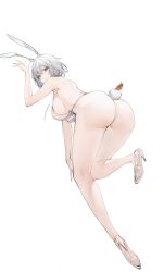 Rule 34 | 1girl, absurdres, animal ears, arm up, ass, azur lane, bent over, breasts, closed mouth, commentary, fake animal ears, fake tail, flantia, full body, glass slipper, high heels, highres, huge ass, kneepits, large breasts, leotard, looking at viewer, looking back, official alternate costume, rabbit ears, rabbit tail, red eyes, short hair, sideboob, sirius (azur lane), sirius (rabbit of paradise) (azur lane), solo, symbol-only commentary, tail, thighs, transparent background, white hair, white leotard