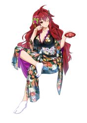 Rule 34 | 1girl, breasts, cle masahiro, cleavage, cup, floral print, full body, hair intakes, holding, japanese clothes, kimono, kisaragi setsuna, crossed legs, long hair, long sleeves, no shoes, obi, official art, one eye closed, red eyes, red hair, sakazuki, sash, sitting, solo, tabi, transparent background, valkyrie drive, valkyrie drive -siren-, wide sleeves