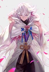 Rule 34 | 1boy, bishounen, fate/grand order, fate/stay night, fate (series), highres, hood, lack, long hair, looking at viewer, male focus, merlin (fate/stay night), purple eyes, purple hair, robe, short hair, simple background, smile, solo, white background, white hair