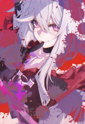 Rule 34 | 1girl, absurdres, bare shoulders, black collar, black gloves, blood, blood splatter, bow, collar, commentary, english commentary, finger to mouth, fishnet gloves, fishnets, gloves, hair between eyes, hair bow, highres, honkai (series), honkai impact 3rd, index finger raised, jacket, long hair, looking at viewer, midriff, needle, pink pupils, purple eyes, red background, red bow, red jacket, shushing, smile, solo, splatter, sukuuro, thelema (honkai impact), upper body, very long hair, white hair