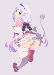 Rule 34 | 10s, 1girl, arched back, ass, beads, blue eyes, blunt bangs, bright pupils, capelet, dragon girl, dragon horns, dress, full body, hair beads, hair ornament, hairband, horns, kanna kamui, kobayashi-san chi no maidragon, light purple hair, long hair, long sleeves, looking at viewer, osr hugo, panties, pantyshot, red footwear, shoes, short dress, sidelocks, simple background, solo, tail, thick thighs, thighhighs, thighs, trefoil, twintails, underwear, white panties, white thighhighs
