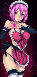 Rule 34 | 1girl, absurdres, apron, arm garter, bdsm, black panties, blue eyes, bondage, bound, bridal garter, chain, colorized, cowboy shot, cuffs, derivative work, detached sleeves, eyebrows hidden by hair, fairy tail, frills, heart, heart hands, highres, hip focus, ice-do, looking at viewer, maid, maid apron, maid headdress, maken-ki!, nearly naked apron, panties, pink hair, pitui1996, purple hair, red background, self-upload, shackles, shinatsu azuki, short hair, side-tie panties, simple background, solo, standing, striped clothes, striped panties, thighhighs, underwear, virgo (fairy tail), virgo (zodiac), white thighhighs, zodiac