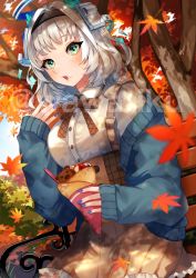 Rule 34 | 1girl, autumn, autumn leaves, bench, berry, blue nails, bow, casual, cream, cream on face, crepe, dessert, dress, eating, falling leaves, food, food on face, food wrapper, frilled dress, frills, fruit, green eyes, halo, headband, highres, holding, holding food, kamishiro rita, leaf, maple leaf, nail polish, off shoulder, prism project, solo, strawberry, virtual youtuber, watermark, wawatiku, white hair
