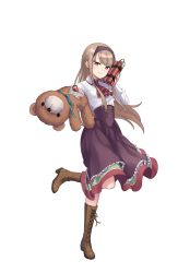 Rule 34 | 1girl, boots, brown footwear, cross-laced footwear, dress, dynamite, elena clay, explosive, full body, hairband, highres, lace-up boots, light brown hair, long hair, looking at viewer, official art, princess principal, princess principal game of mission, purple dress, purple eyes, smile, solo, standing, standing on one leg, stuffed animal, stuffed toy, teddy bear, transparent background