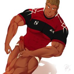 Rule 34 | 1boy, bara, blush, bottomless, erection, highres, looking at viewer, male focus, muscular, original, pants boxer, penis, solo, undressing