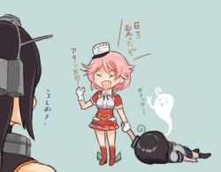 Rule 34 | 3girls, ahoge, black hair, blue background, boots, commentary request, dragging, exhausted, closed eyes, facing away, full body, giuseppe garibaldi (kancolle), giving up the ghost, gloves, headgear, kantai collection, long hair, multiple girls, nagato (kancolle), pink hair, pleated skirt, red footwear, red shirt, red skirt, saiguchi otoufu, school uniform, serafuku, shirt, short hair, simple background, skirt, translation request, upper body, ushio (kancolle), v, waving, white gloves