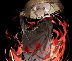 Rule 34 | 1boy, adjusting clothes, adjusting headwear, black background, blonde hair, commentary, eeju, emiya shirou, fate/grand order, fate (series), from side, hand up, haori, highres, japanese clothes, katana, long sleeves, looking at viewer, male focus, mouth hold, parted lips, sandogasa, senji muramasa (fate), short hair, sleeves past wrists, solo, stalk in mouth, sword, twitter username, weapon, white hair, wide sleeves