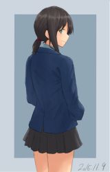 Rule 34 | 10s, 1girl, 2015, back, black hair, black skirt, blue background, blush, closed mouth, cowboy shot, dated, formal, from behind, fubuki (kancolle), green eyes, hair ornament, kantai collection, long sleeves, looking at viewer, low ponytail, pleated skirt, profile, school uniform, short ponytail, sidelocks, skirt, smile, solo, standing, suit, tabiaki (cosy catastrophe), tabisora, two-tone background