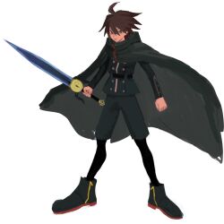 Rule 34 | 1boy, adapted costume, ahoge, belt, black belt, black pantyhose, brown hair, cape, closed mouth, cosplay, danganronpa: trigger happy havoc, danganronpa (series), full body, gojuu-san, green cape, green eyes, green footwear, green jacket, green shorts, highres, holding, holding sword, holding weapon, jacket, long sleeves, male focus, master detective archives: rain code, naegi makoto, pantyhose, shoes, short hair, shorts, simple background, solo, standing, sword, weapon, white background, yuma kokohead, yuma kokohead (cosplay)