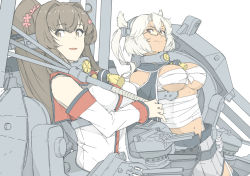 Rule 34 | 2girls, breasts, brown eyes, brown hair, budget sarashi, cannon, cherry blossoms, dark-skinned female, dark skin, female focus, kantai collection, kikumon, long hair, looking at viewer, machinery, multiple girls, musashi (kancolle), musashi kai (kancolle), navel, ninimo nimo, pointy hair, ponytail, rectangular eyewear, red sailor collar, sailor collar, sarashi, semi-rimless eyewear, short hair with long locks, smile, turret, two side up, underboob, upper body, yamato (kancolle), z flag