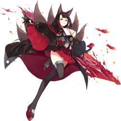 Rule 34 | 1girl, akagi (azur lane), animal ears, artist request, azur lane, black hair, breasts, cleavage, eyeshadow, fingerless gloves, flight deck, fox ears, fox tail, full body, gloves, japanese clothes, looking at viewer, makeup, multiple tails, official art, parted lips, pleated skirt, red eyes, shikigami, simple background, skirt, smile, solo, tail, transparent background