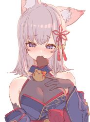 Rule 34 | 1girl, animal ear fluff, animal ears, black gloves, blue eyes, blue sleeves, blush, breasts, chocolate, cleavage, commentary, detached sleeves, dress, fang, food in mouth, gloves, grey hair, hair ornament, half-closed eyes, halter dress, halterneck, heart, indie virtual youtuber, izumi sai, japanese clothes, looking at viewer, medium breasts, medium hair, mouth hold, shoufuku nyako, simple background, skin fang, solo, valentine, virtual youtuber, white background