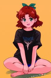 Rule 34 | 1girl, absurdres, barefoot, bishoujo senshi sailor moon, blue eyes, blue ribbon, blue shorts, brown hair, casual, clothes writing, commentary, full body, hair ribbon, highres, indian style, looking at viewer, medium hair, oosaka naru, open mouth, orange background, parted bangs, print shirt, ribbon, shadow, shirt, short shorts, short sleeves, shorts, simple background, sitting, smile, solo, t-shirt, texture, tsunemoku, twitter username
