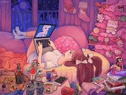 1girl anna_(frozen) bed book book_stack bottle bow brown_hair cameo can coca-cola computer cup curtains elsa_(frozen) food frozen_(disney) hair_bow hatsune_miku hello_kitty hello_kitty_(character) highres indoors kuromi laptop long_hair lying mimmy_(hello_kitty) my_melody on_back onegai_my_melody original otaku otaku_room phone pizza pizza_slice product_placement profile red_ribbon ribbon ring_411 sanrio shirt short_sleeves socks solo vocaloid white_bow white_shirt white_socks window