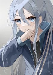 Rule 34 | 1girl, black shirt, blue eyes, blue jacket, blush, collarbone, commentary request, grey background, hair between eyes, hand up, highres, jacket, long sleeves, looking at viewer, open clothes, open jacket, parted bangs, parted lips, project sekai, puffy long sleeves, puffy sleeves, qi&#039;e (penguin), shirt, simple background, solo, sweat, track jacket, upper body, yoisaki kanade